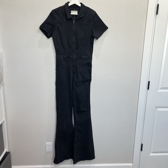 X We The Free People L Large Jayde Flare Jumpsuit Black Denim Flattering Boho - Picture 4 of 16